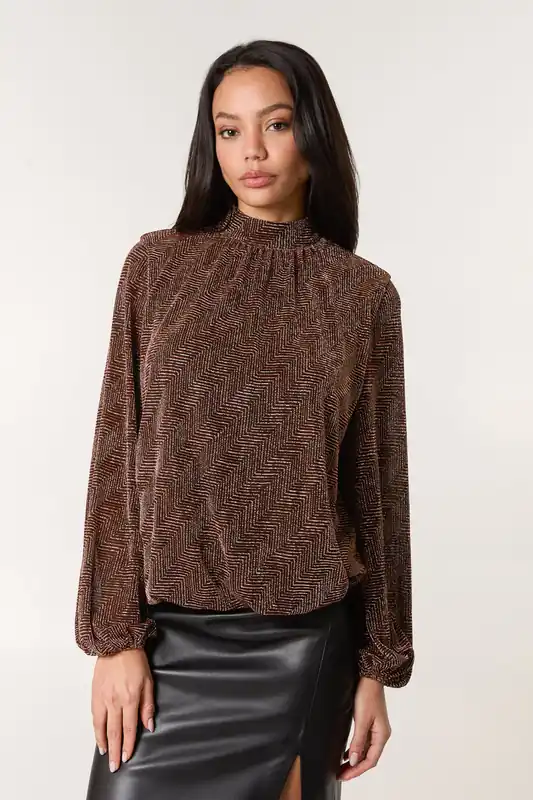 Bronze Metallic Puffball High Neck Blouse - Blue Vanilla