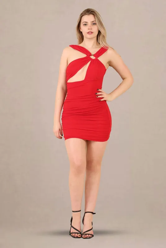 Red Cut-Out Ring Detail Bodycon Mini Dress