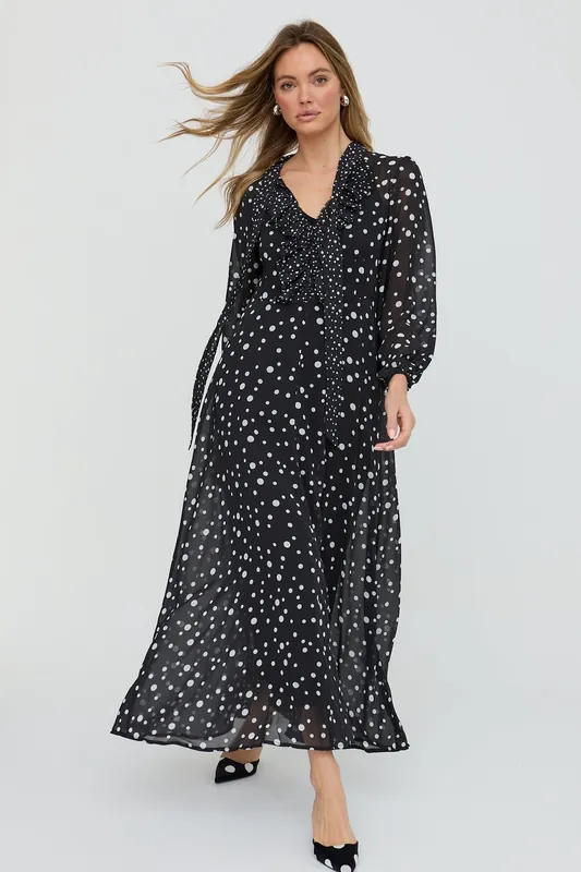 Margot Ruffle Neck Spot Print Maxi Dress In Black - Lily and Lionel