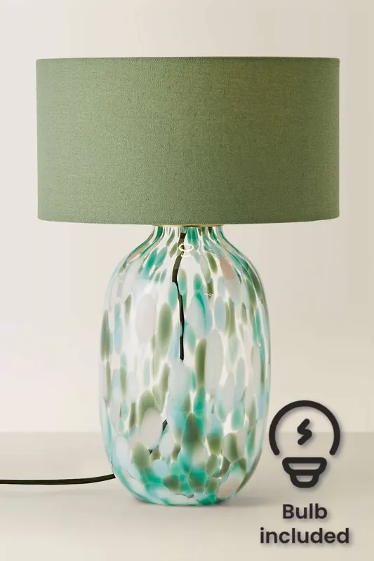 Belinda Confetti Glass Table Lamp with Fabric Drum Shade and Bulb - ValueLights