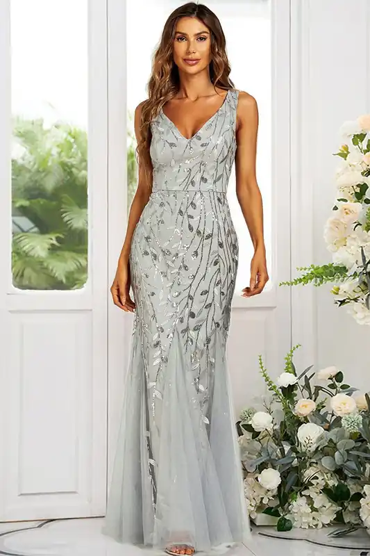 V Neck Sequin Leaf Embroidered Maxi Dress - FS Collection
