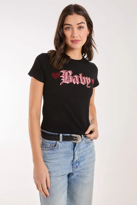 Slogan Heart Diamante Baby Tee - Pink Vanilla