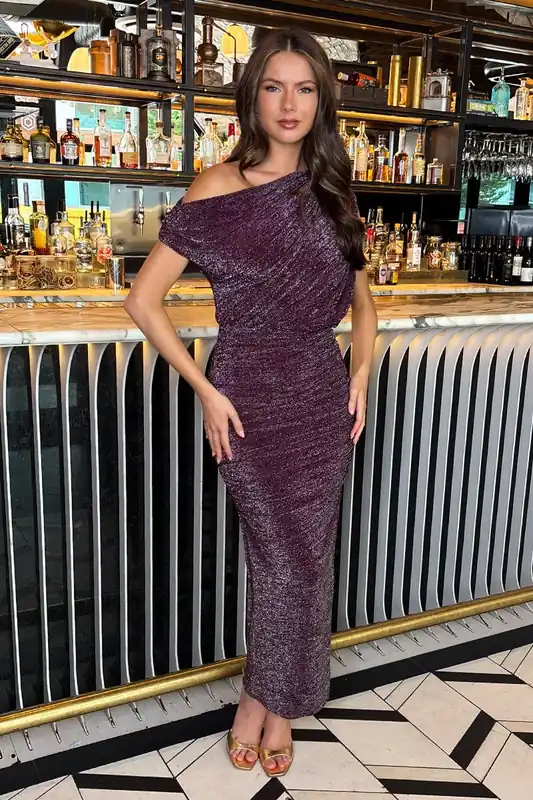 Plum Sparkle Off The Shoulder Draped Top Midi Dress - AX Paris