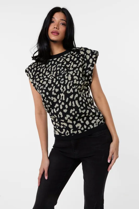 Black Leopard Print Shoulder Pad Top - Pink Vanilla