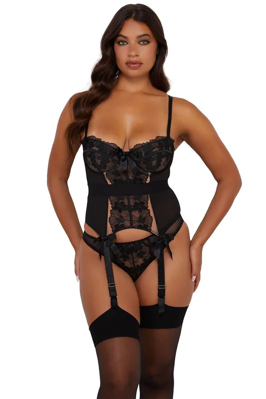 Lillian Black Floral Embroidery 'Basque' - Playful Promises