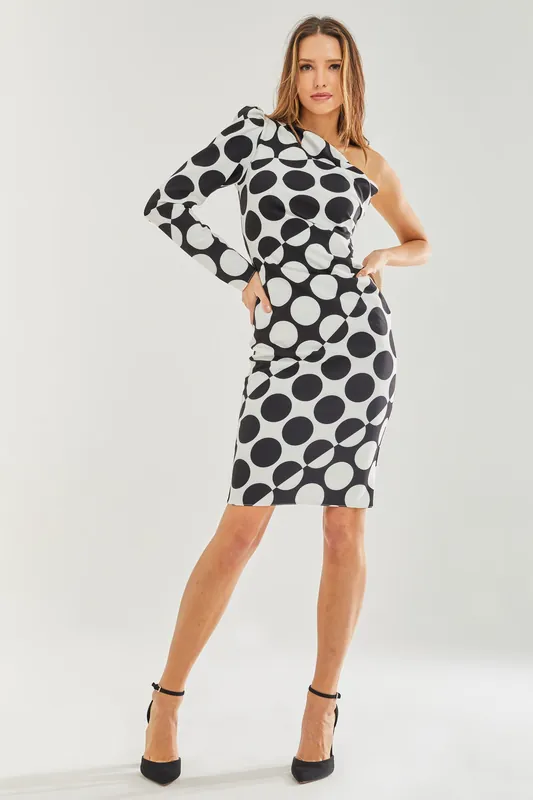 One Sleeve Midi Dress in Black and White Spot Print - Liquorish