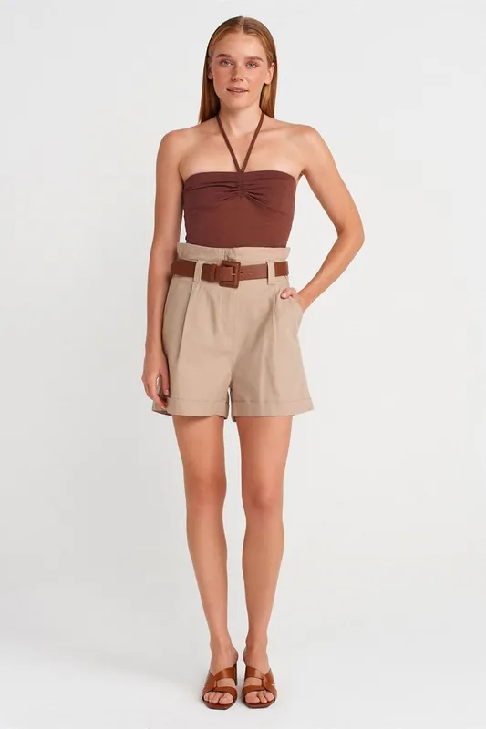 High-Waist Belted Linen Blend Shorts