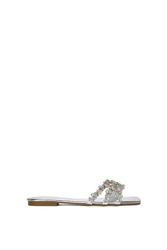 Hazel' Flat Diamante Slider Sandals With Square Toe - XY London