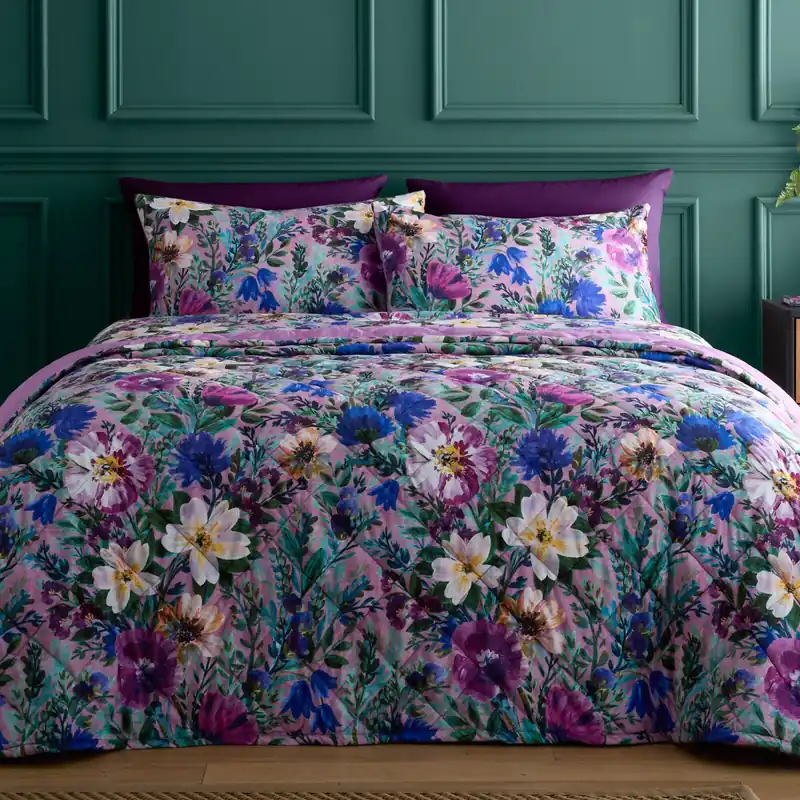 Ophelia Floral Quilted Throwover Bed Throw Over Blanket 200 x 230cm - Portfolio Home