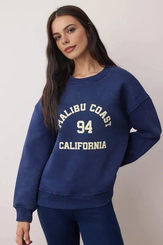 Oversized Printed Washed Fleece-Lined Knit Sweatshirt