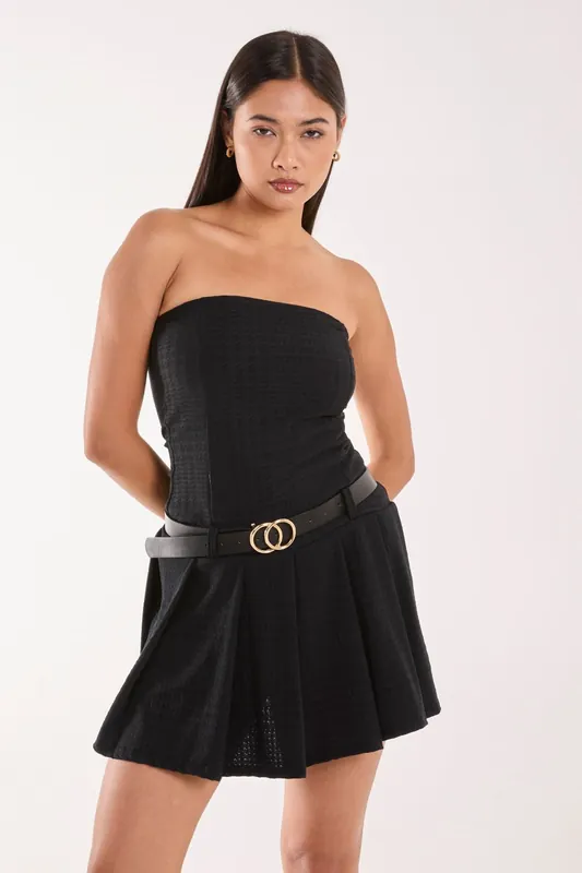 Dogtooth Belt Pleat Dress - Pink Vanilla