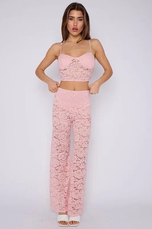 Lace Detail Padded Bralet Crop Top and Flare Trouser Co-ord