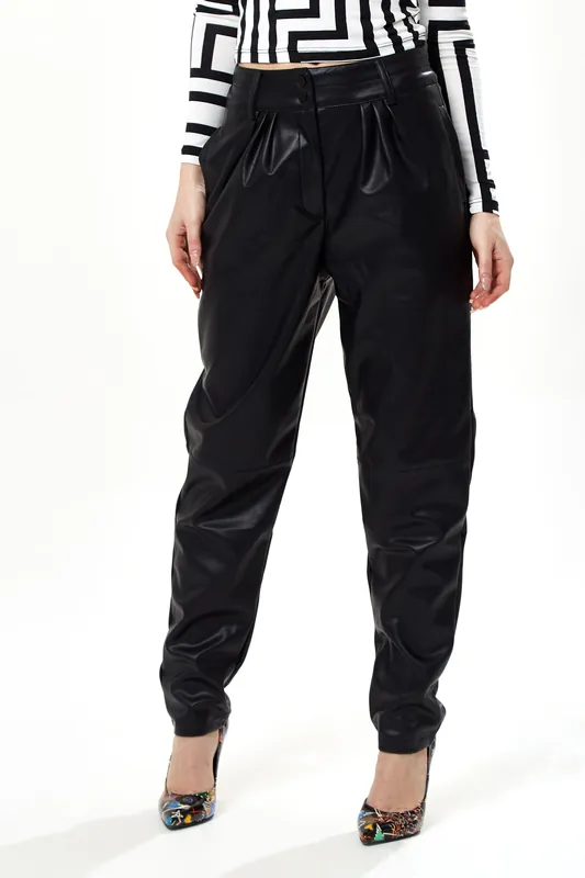 Tapered Leather Look Trousers in Black - Liquorish