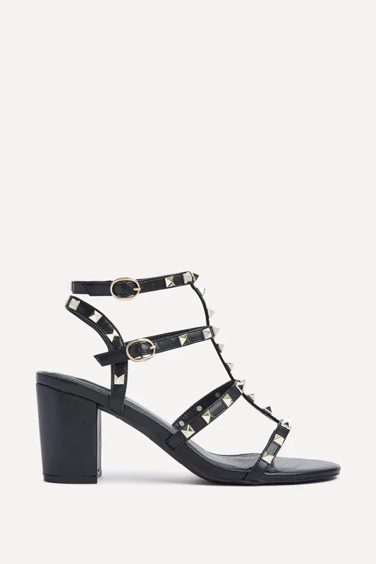 Tessa Black & Gold Studded Block Heel Sandals - Linzi