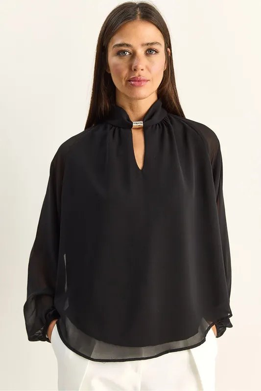 Mandarin Collar Chiffon Blouse with Stone Accessory - Bianco Lucci