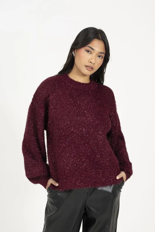 Crew Neck Fluffy Tinsel Knit Jumper - Brave Soul