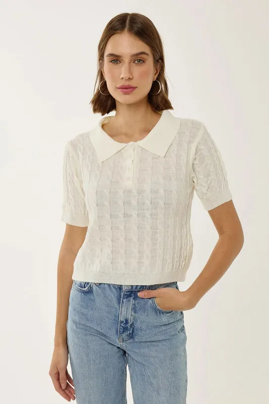 Shirt Collar Knit Top with Hair Braid Pattern - Hiccup