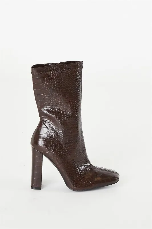 Brown Croc High Heeled Boot - Shnoo