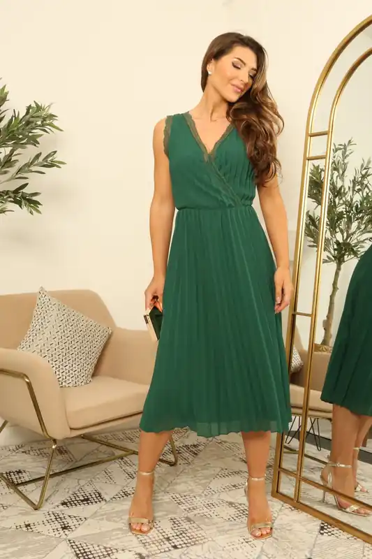 Dark Green Sleeveless Lace Trim Wrap Front Pleated Chiffon Midi Dress - DOUBLE SECOND