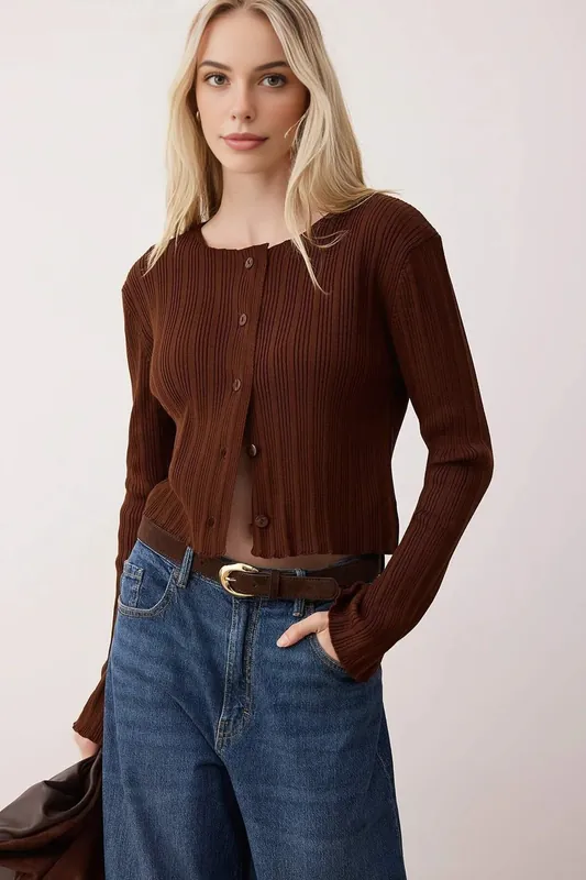 Flared Sleeve Ribbed Knit Button Through Cardigan - WOVCOR