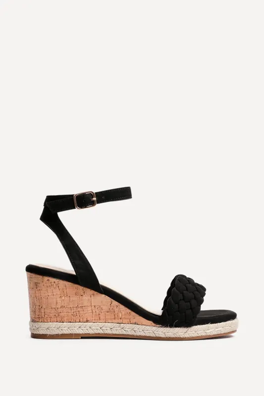 Regan Black Faux Suede Wedge Sandals - Linzi