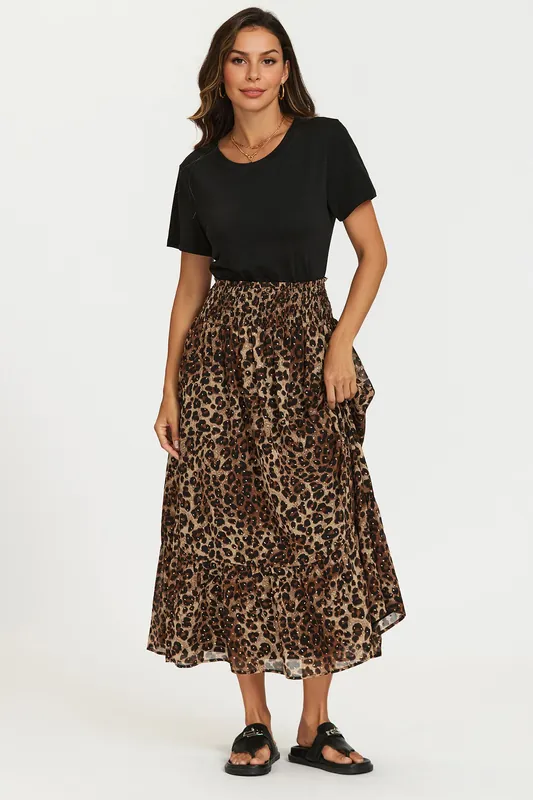 Gold Foil Leopard Print Midi Skirt In Brown - FS Collection