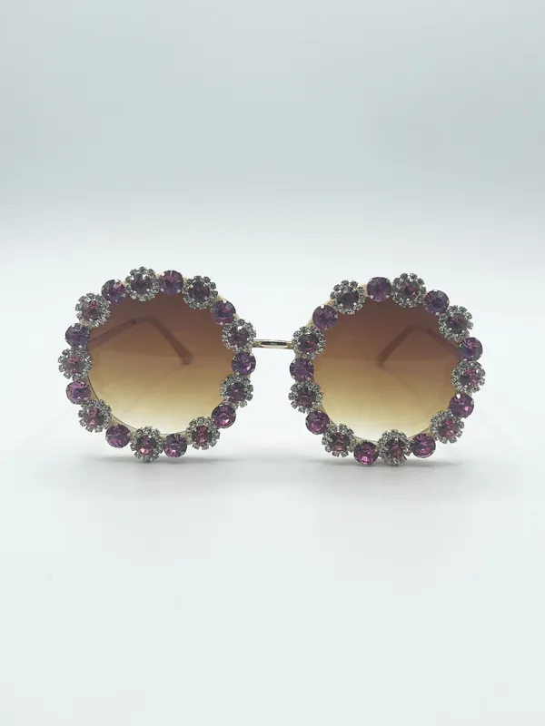 Round Floral Crystal Gem Sunglasses in Pink - SVNX