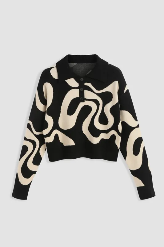 Polo Collar Jacquard Knit Sweater - Hiccup