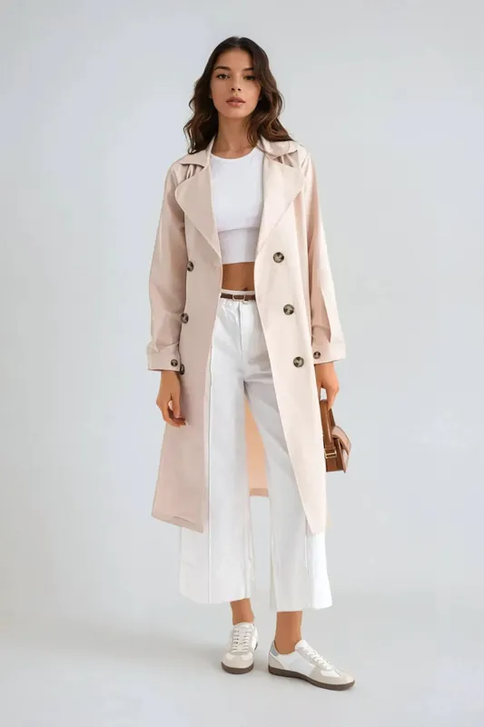 Double-Breasted Belted Long Trench Coat