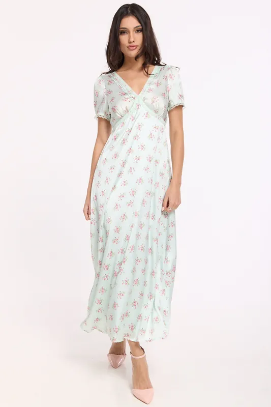 Mint Floral V Neck Midi Dress - Liquorish