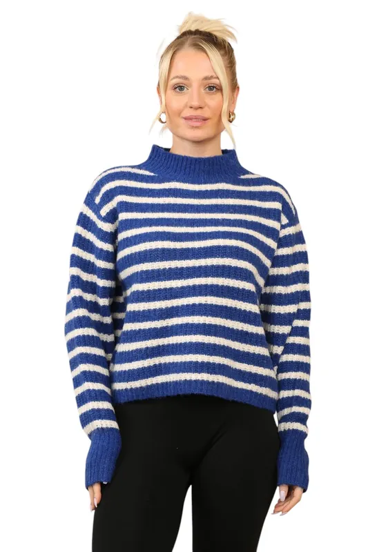 Cosy Striped Jumper with Mock Neck – Soft Acrylic Knit B/W - ELAINA FASHION