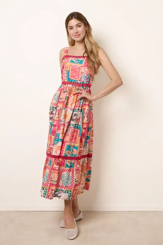 Orange Ric Rac Trim Postcard Print Dress - Blue Vanilla