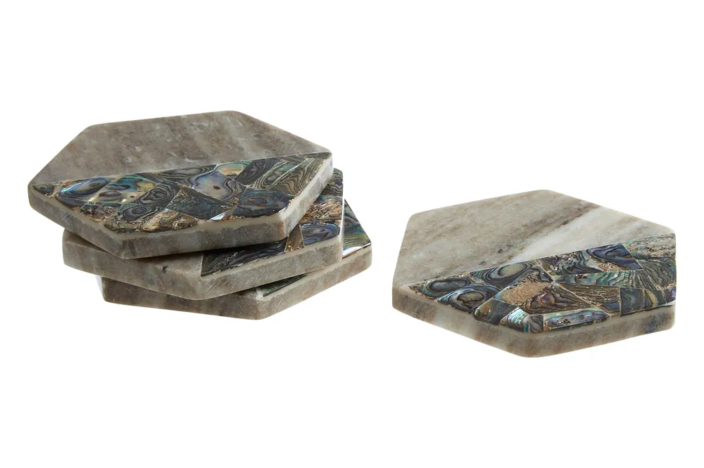 Distinctive Beige Marble and Paua Shell Coaster Set, Decorative Mug Coasters, Elegant Marble Table Mats Sets - Orsina