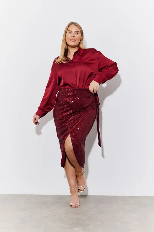Burgundy Sequin Wrap Midi Skirt - In The Style