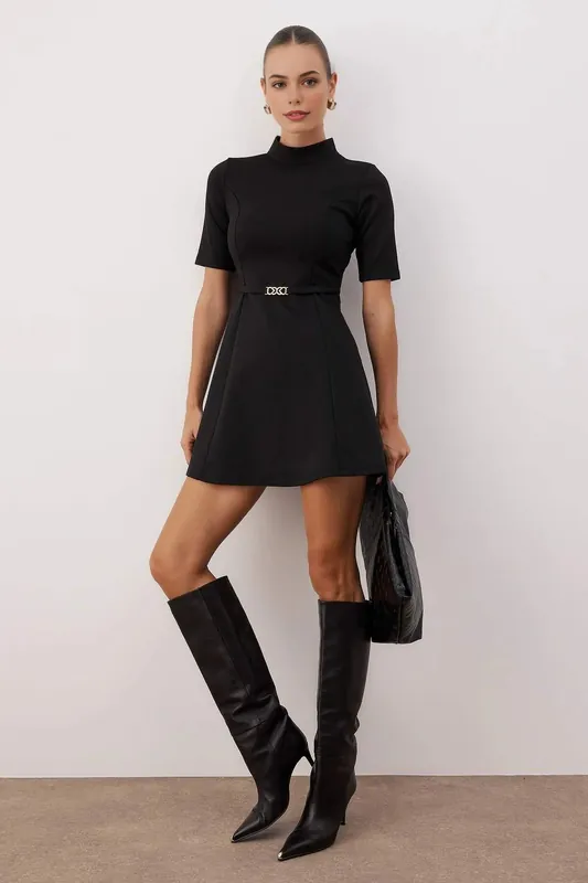 High Neck Belt Detail Skater Mini Knit Dress - WOVCOR