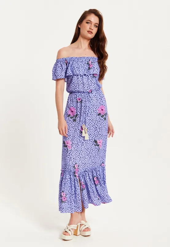 Animal and Floral Print Off Shoulder Maxi Dress in Purple - Liquorish