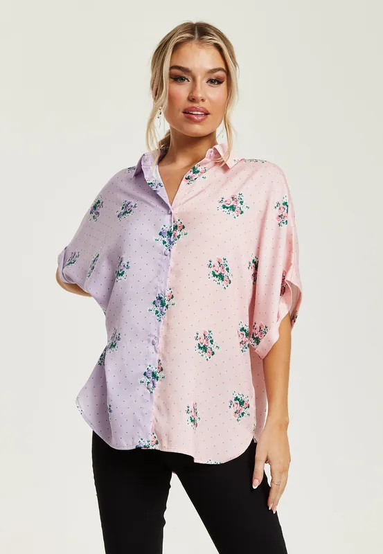 Pink And Lilac Floral Print Shirt With Short Sleeves - Liquorish