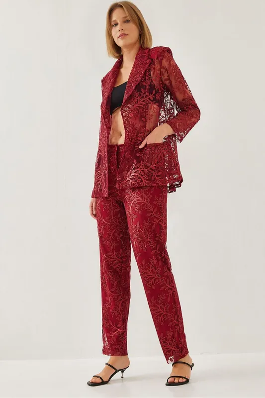Long Embroidered Two-Piece Set with Shawl Collar