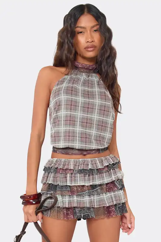 Sleeveless Tie Back Halter Neck Tie Back Mesh Mini Top - EGO