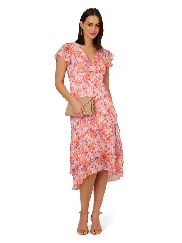 Flounce Hem Satin Midi Dress - Adrianna Papell