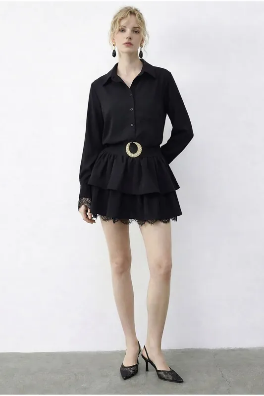 Lace Trimmed Shirt Dress - Bianco Lucci