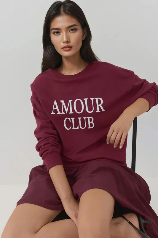 Printed Crew Neck Relaxed Fit Raised Sweatshirt - Hiccup