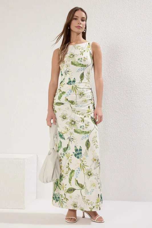 Floral Print Sleeveless Ruched Maxi Dress - WOVCOR