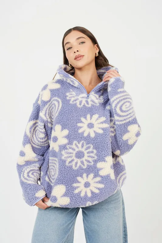 Quarter Zip Flower Print Sherpa Fleece - Brave Soul
