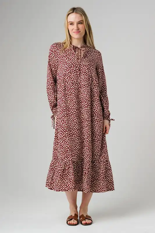 Floral Tie Neck Long Sleeve Midi Dress - Wednesday's Girl