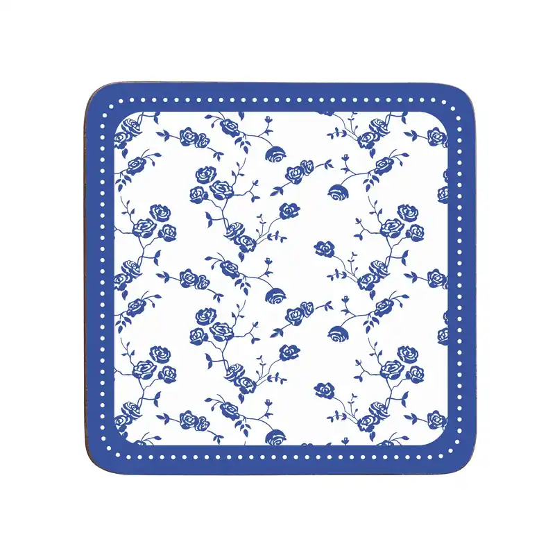 Set of Four Blue Rose Coasters, Durable Heat-Resistant Cork Table Mats with Elegant Floral Design