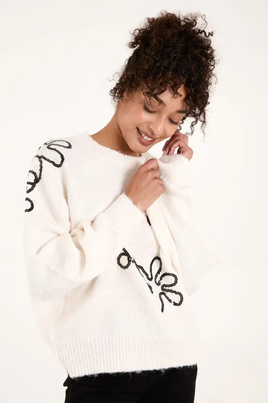 Abstract Flower Embroidery Jumper - Blue Vanilla