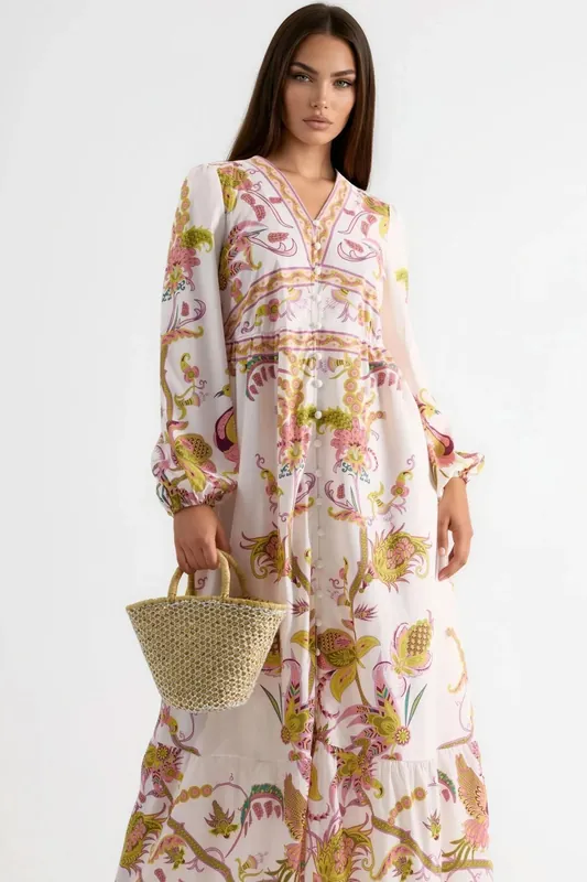 Belted Printed Maxi Dress with V-Neck