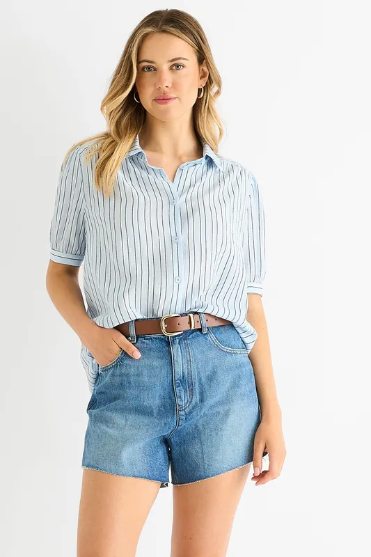 Blue Pinstripe Soft Touch Puff sleeves Shirt - Gini London