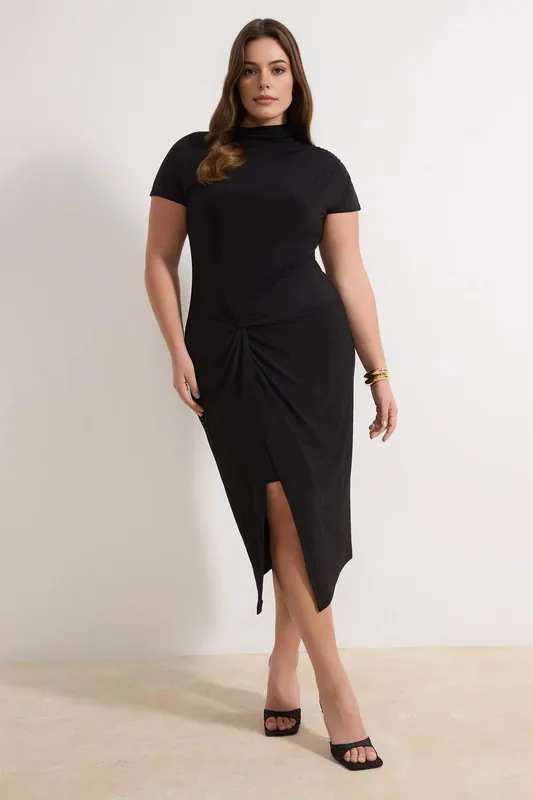 Ruched Front High Neck Midi Dress with Side Split - WOVCOR
